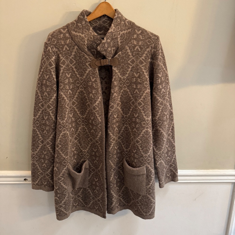 Chiaramente Italy Wool Blend Geometric Buckle Front Cardigan Sweater Brown Large